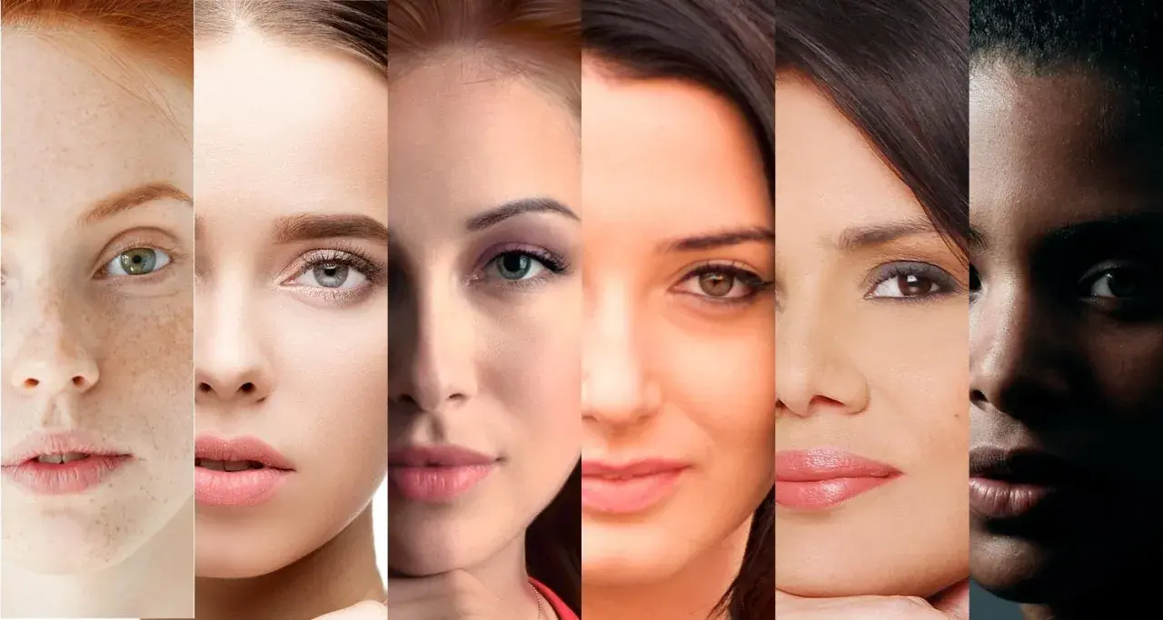 Seis rostros muestran la diversidad de fototipos de piel, desde pecas hasta tonos oscuros, celebrando la belleza en todas sus formas.