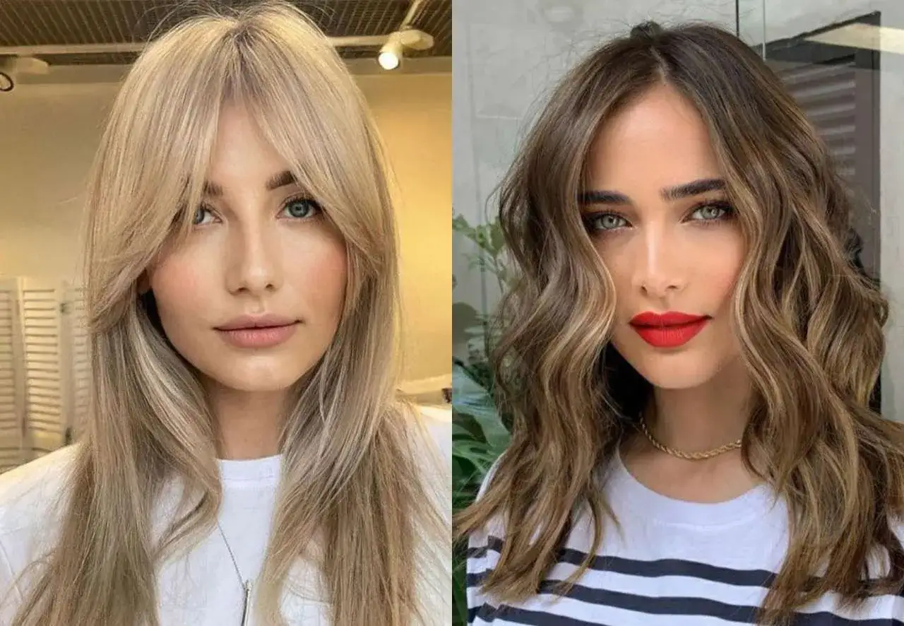 Dos mujeres con diferentes tipos de cara y peinados. Una rubia con flequillo abierto y la otra morena con ondas y labios rojos.