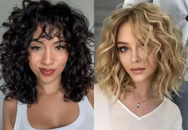 Dos mujeres con media melena ondulada natural. Una con pelo oscuro y rizado, la otra con pelo rubio y ondas suaves.