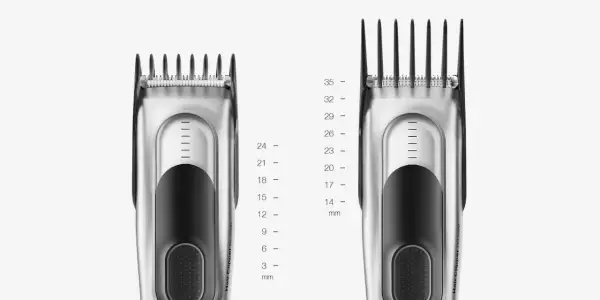 Dos cortapelos plateados, uno con peine de 3 mm y otro con peine de 35 mm, muestran la versatilidad de un clipper.
