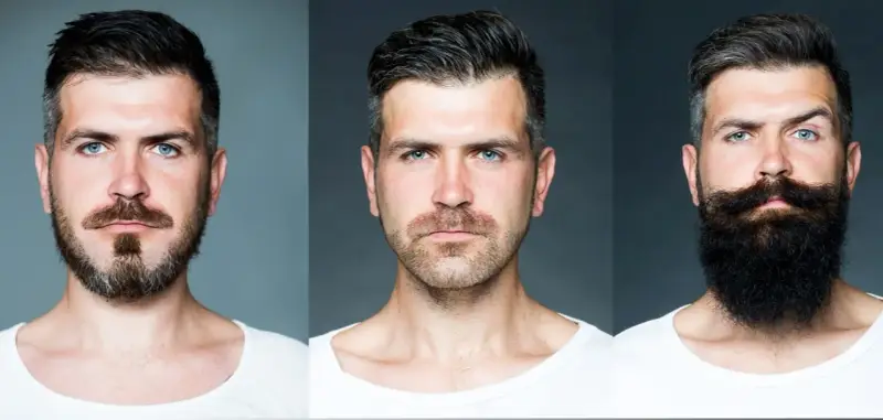 Tres hombres con diferentes estilos de barba: un barba goatee, una barba corta y una barba larga y tupida.